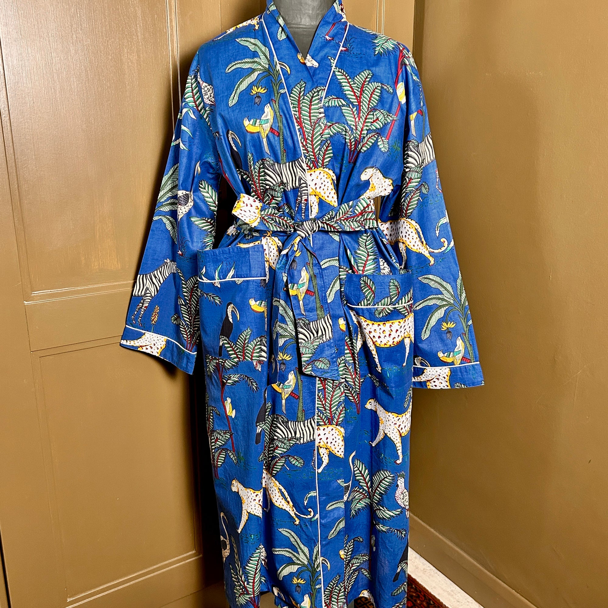 AUBREY long royal blue cotton jungle print belted dressing gown