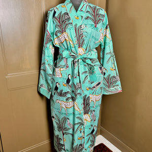 AUBREY long aqua cotton jungle print belted dressing gown