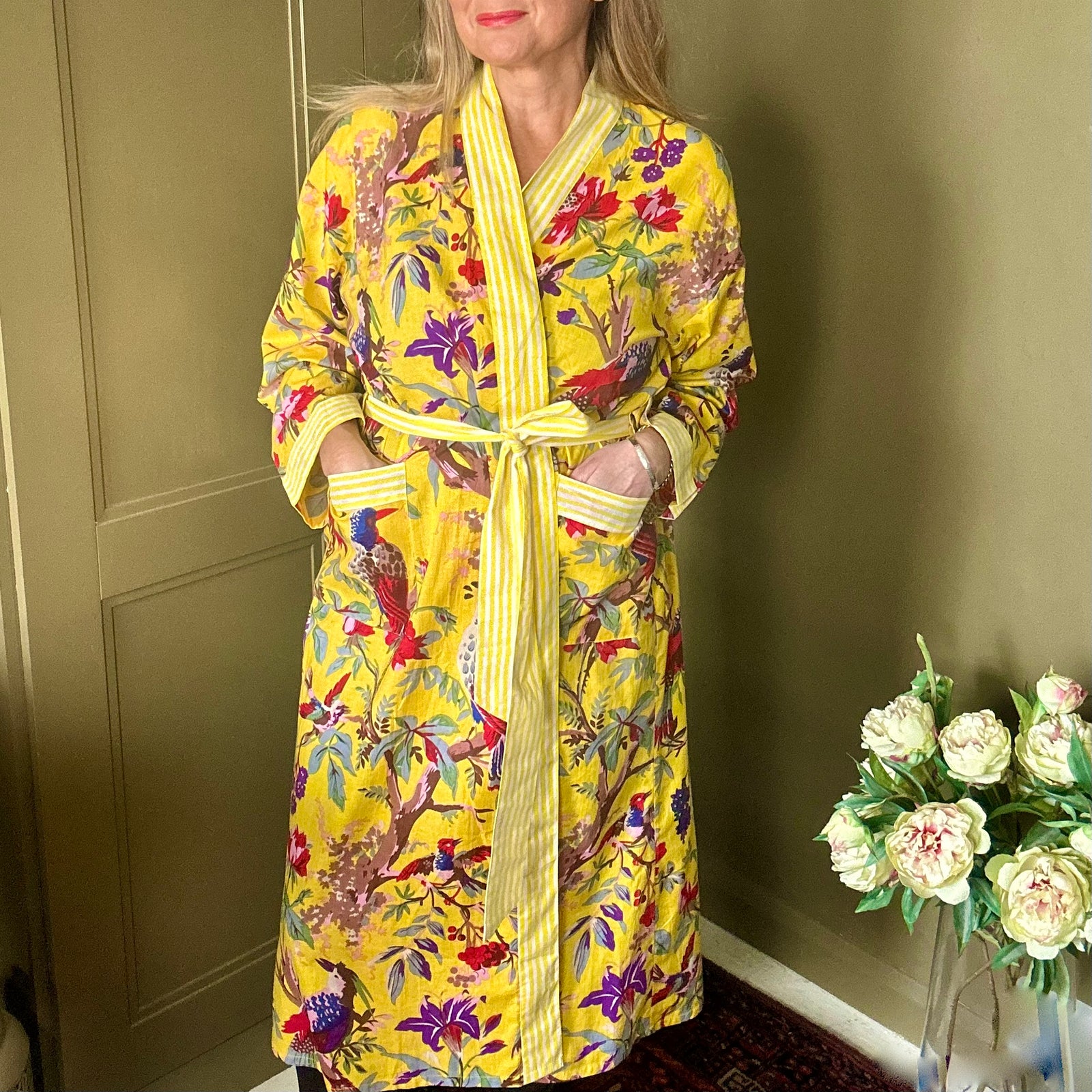 AUBREY long yellow cotton bird of paradise print belted dressing gown