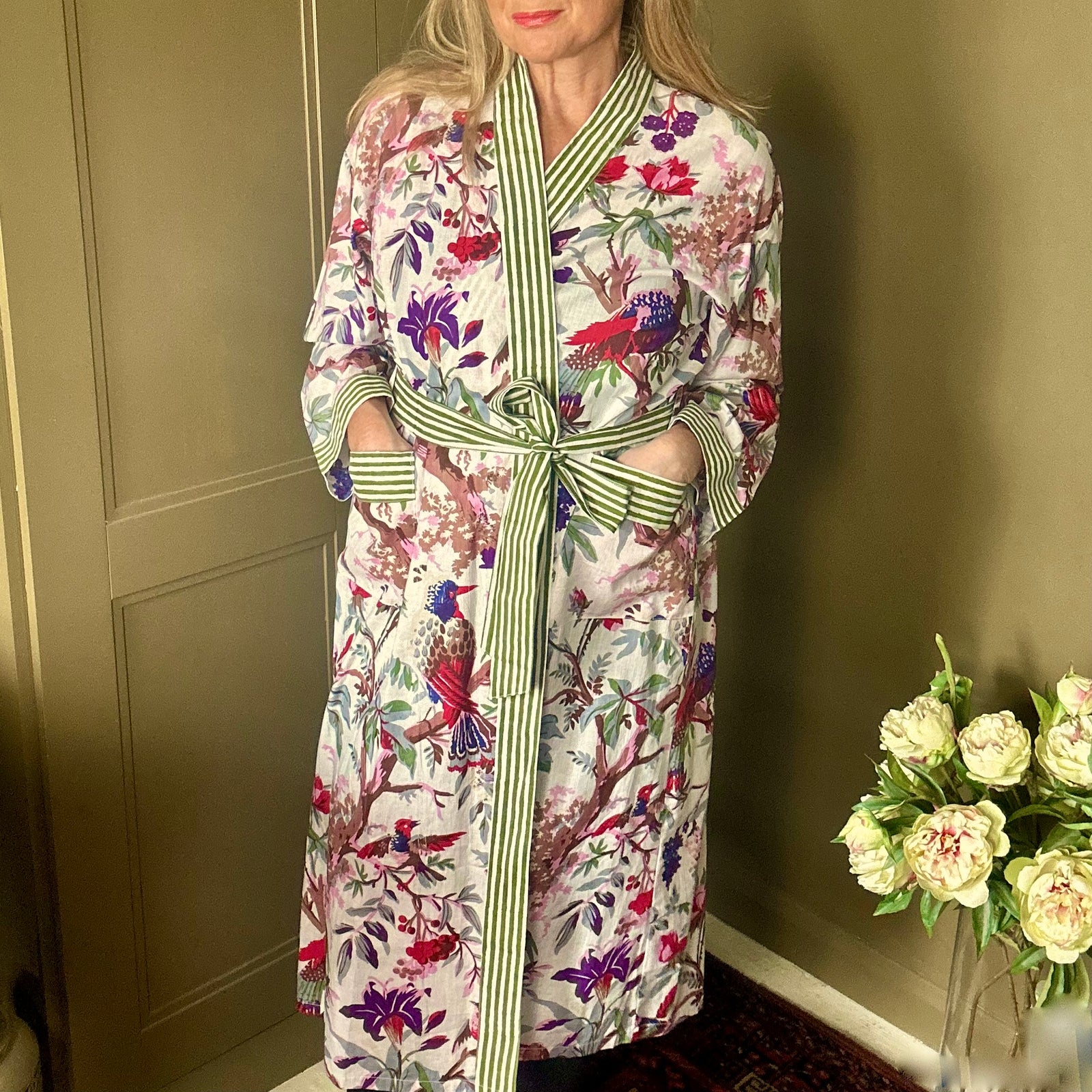 AUBREY long white cotton bird of paradise print belted dressing gown
