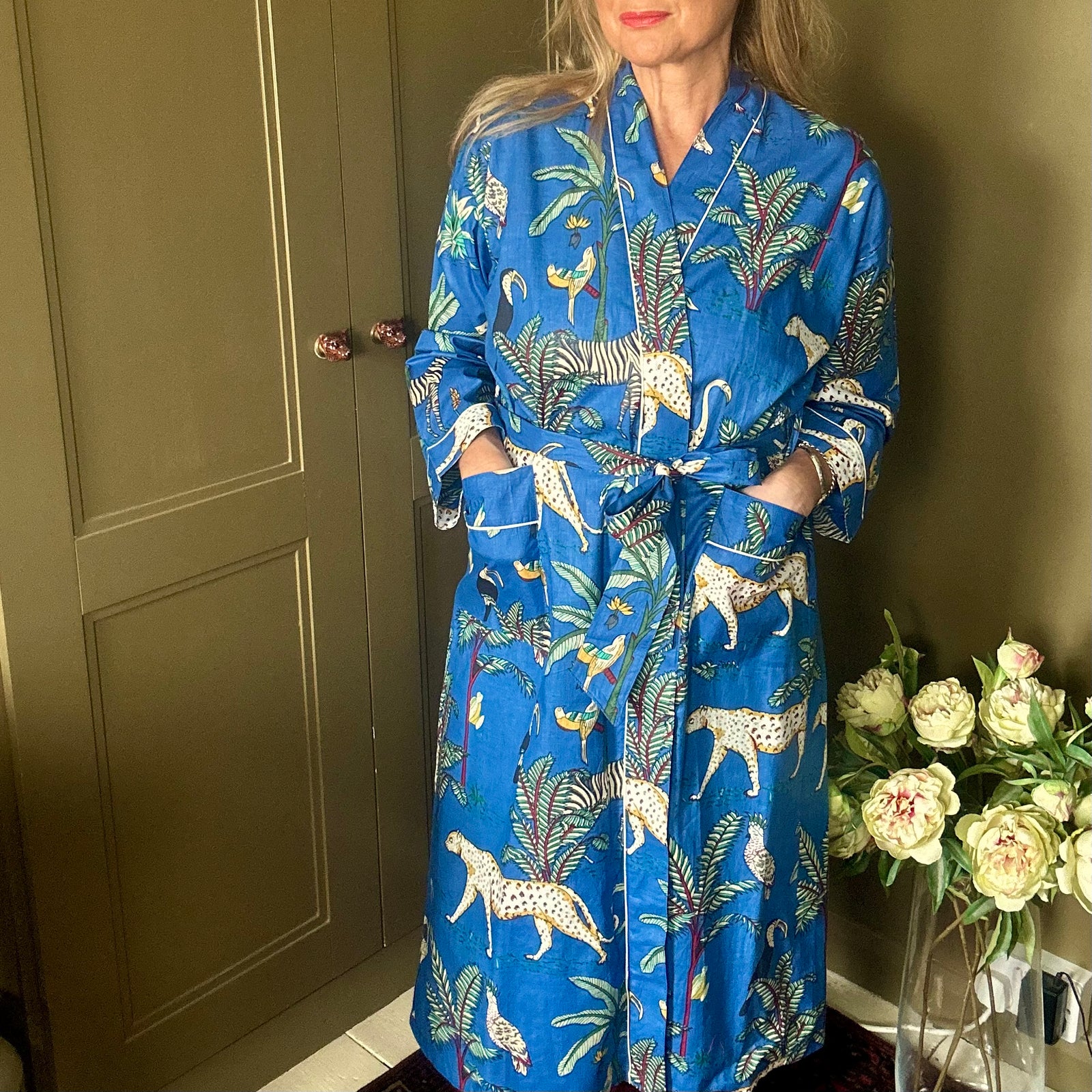 AUBREY long royal blue cotton jungle print belted dressing gown