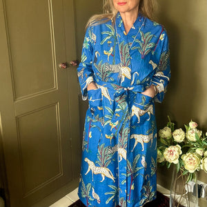 AUBREY long royal blue cotton jungle print belted dressing gown