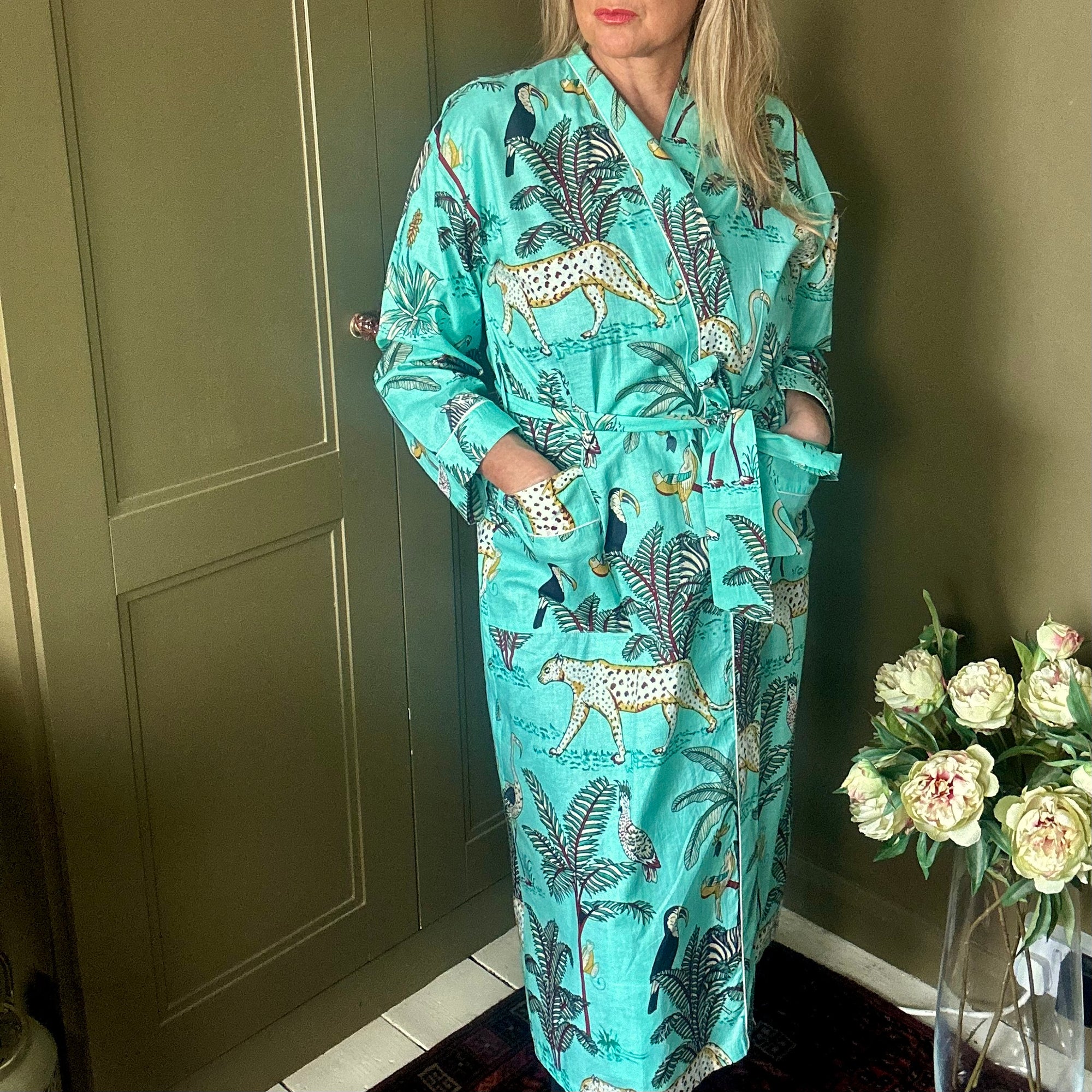 AUBREY long aqua cotton jungle print belted dressing gown