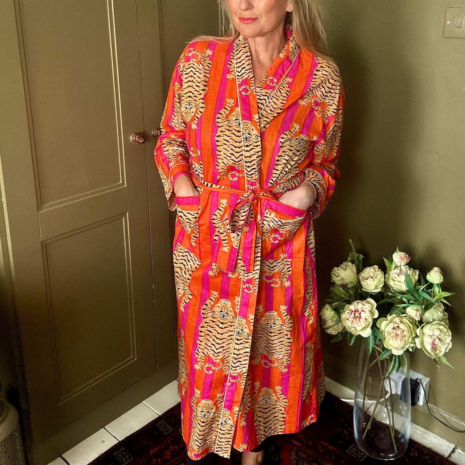AUBREY long orange and pink stripe tiger print belted dressing gown