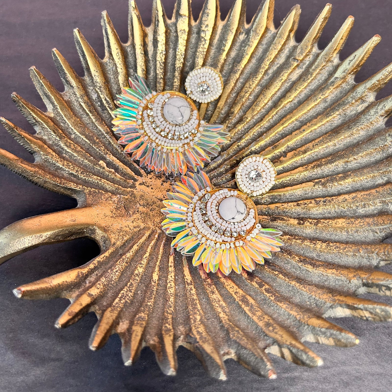 SASKIA fan-shaped statement beaded drop earrings