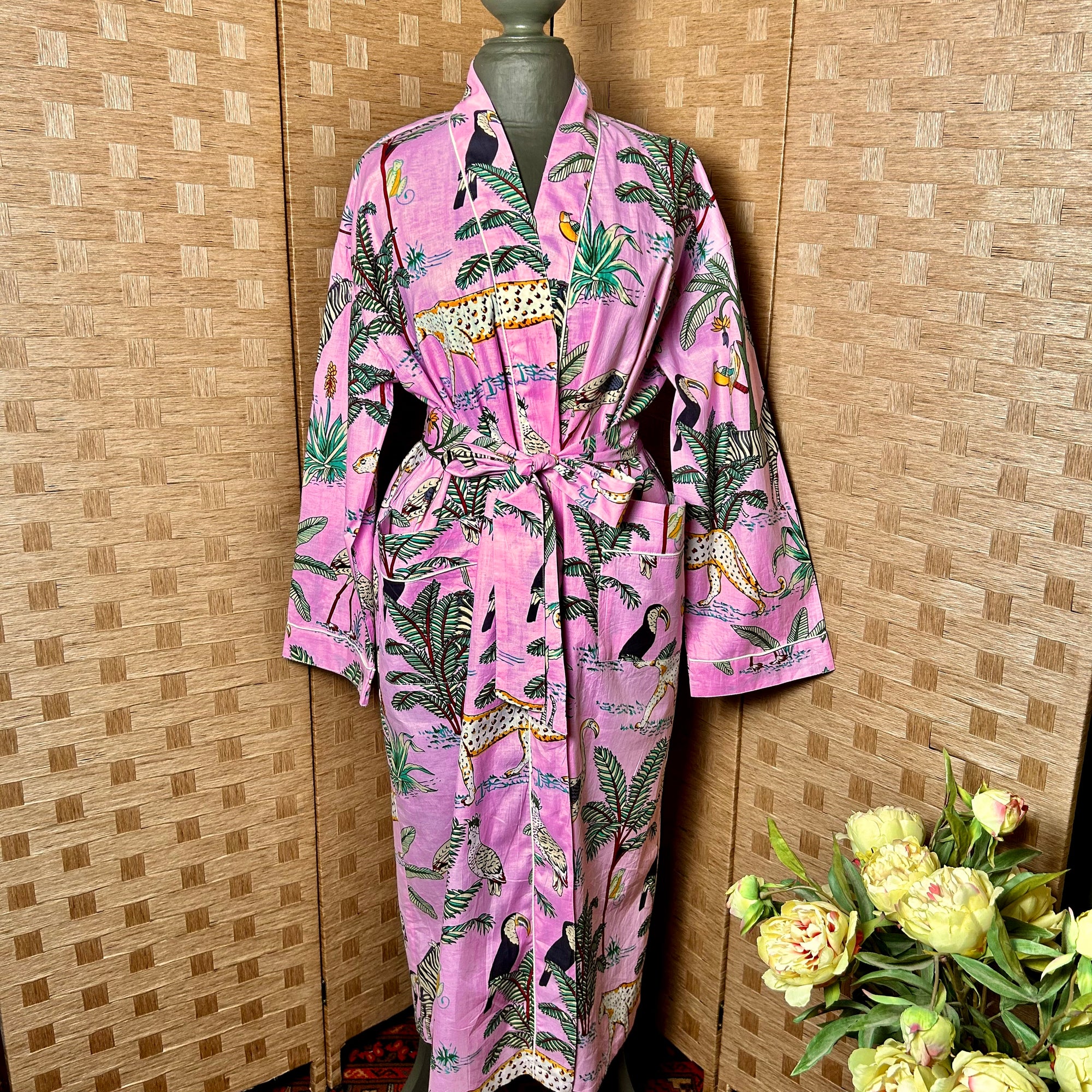 AUBREY long sugar pink cotton jungle print belted dressing gown