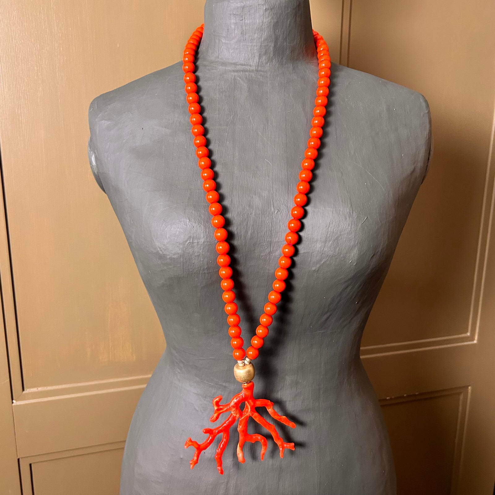 EVA long bead necklace with coral pendant