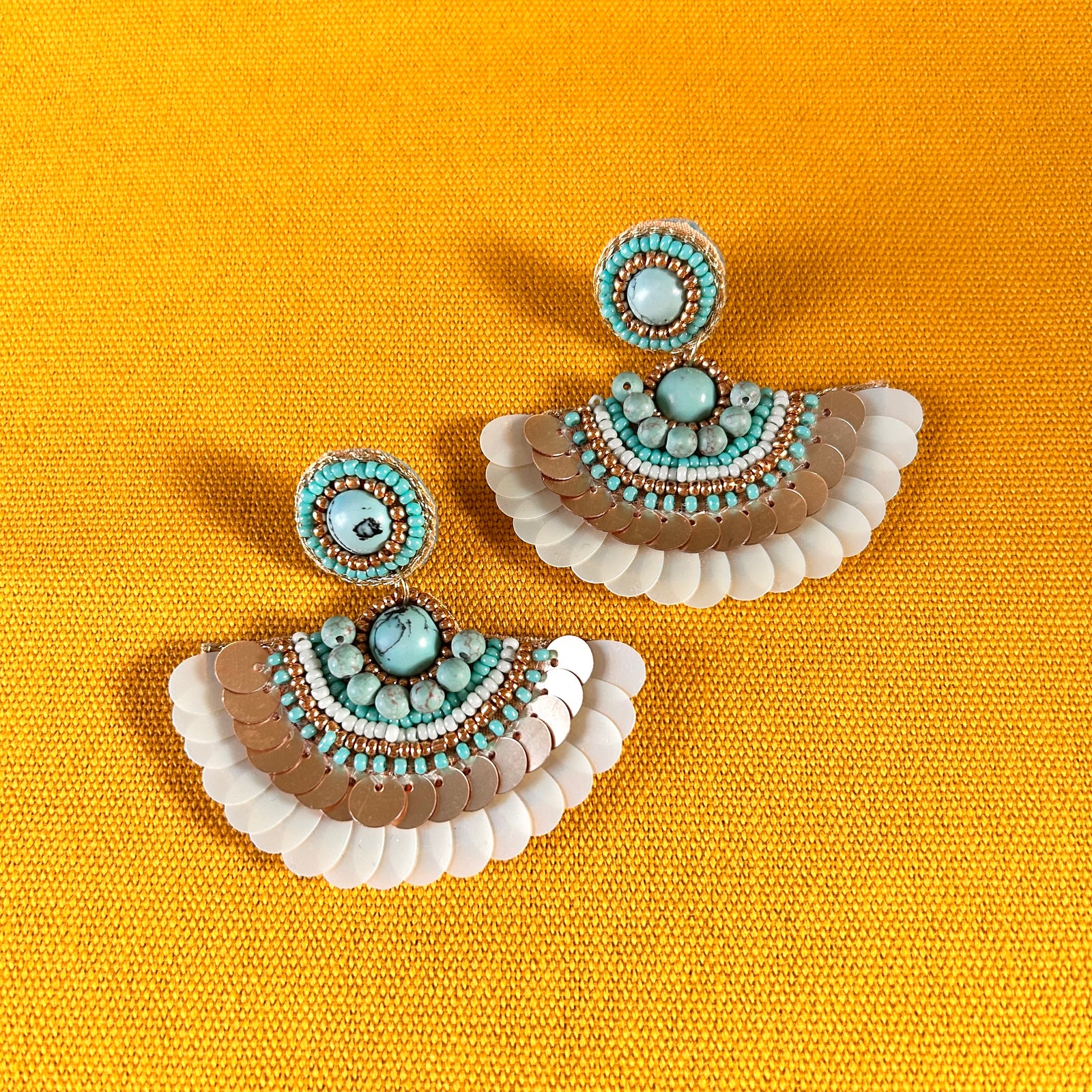 LILLIAN medium-sized sequin and bead fan-shaped drop earrings