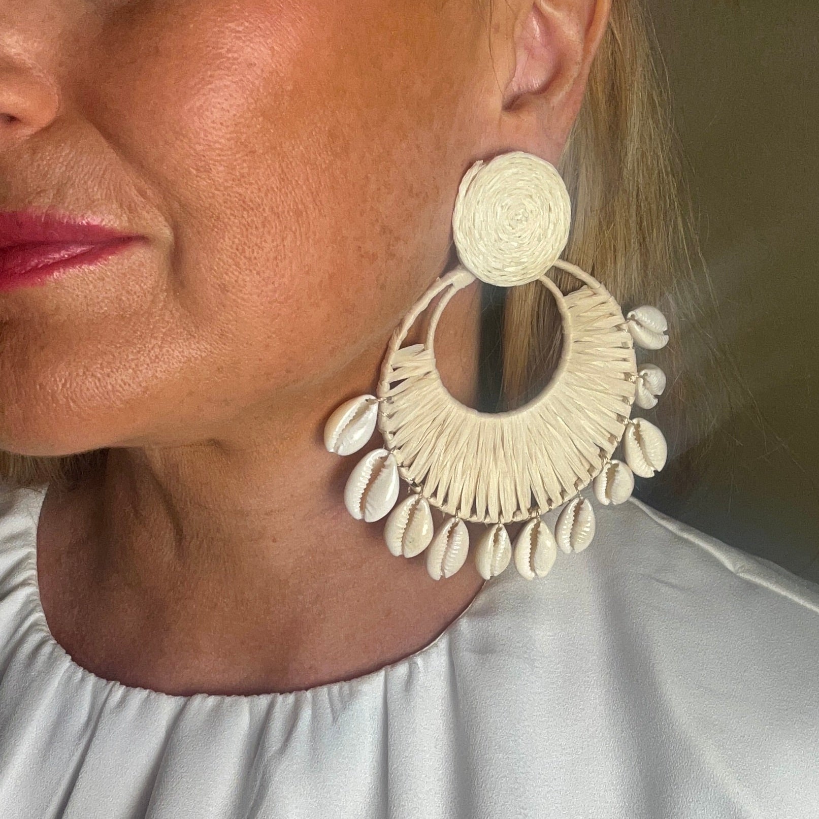 'Penny' oversized raffia and shell drop earrings