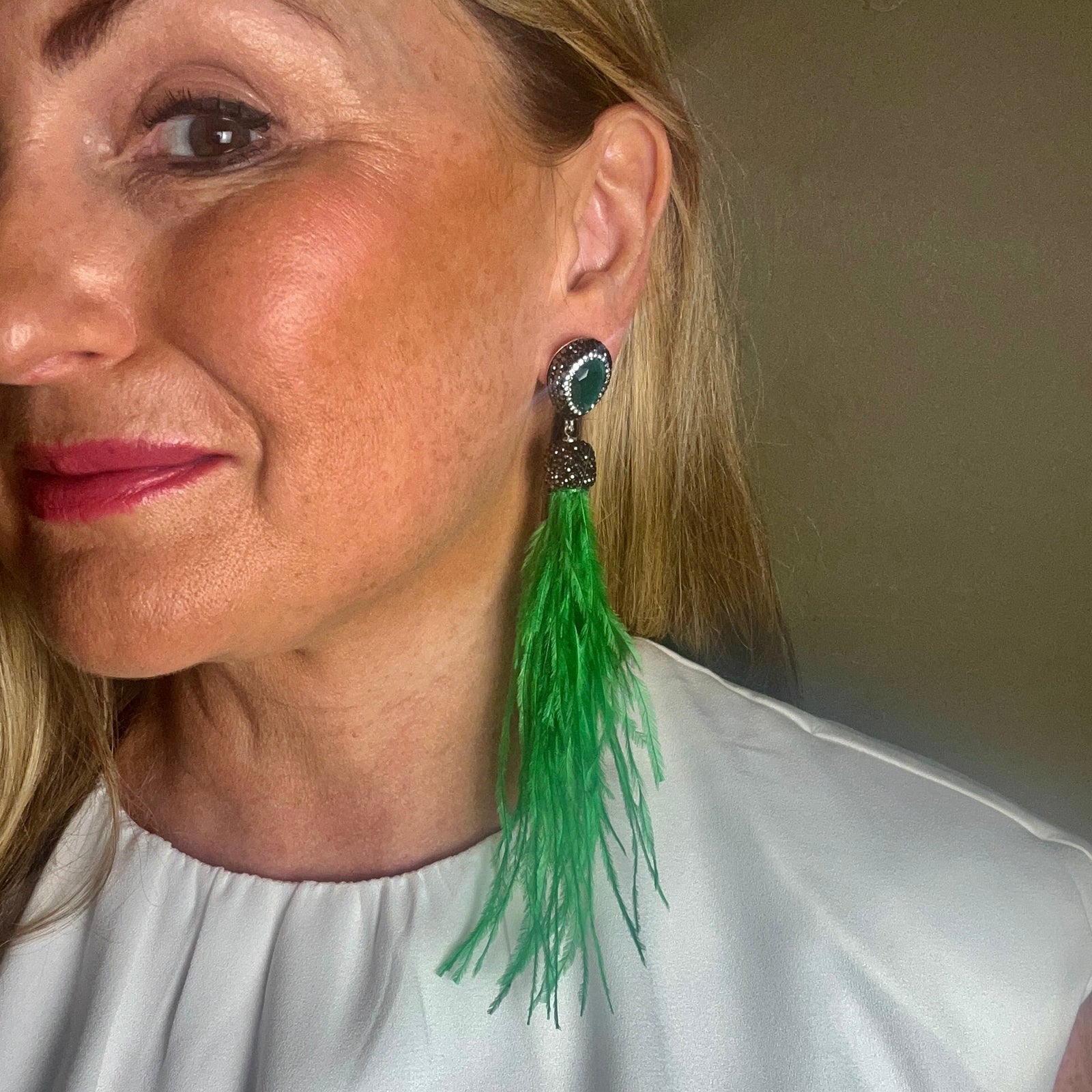 OLIVIA handmade green cat's eye gemstone, crystal and feather drop earrings