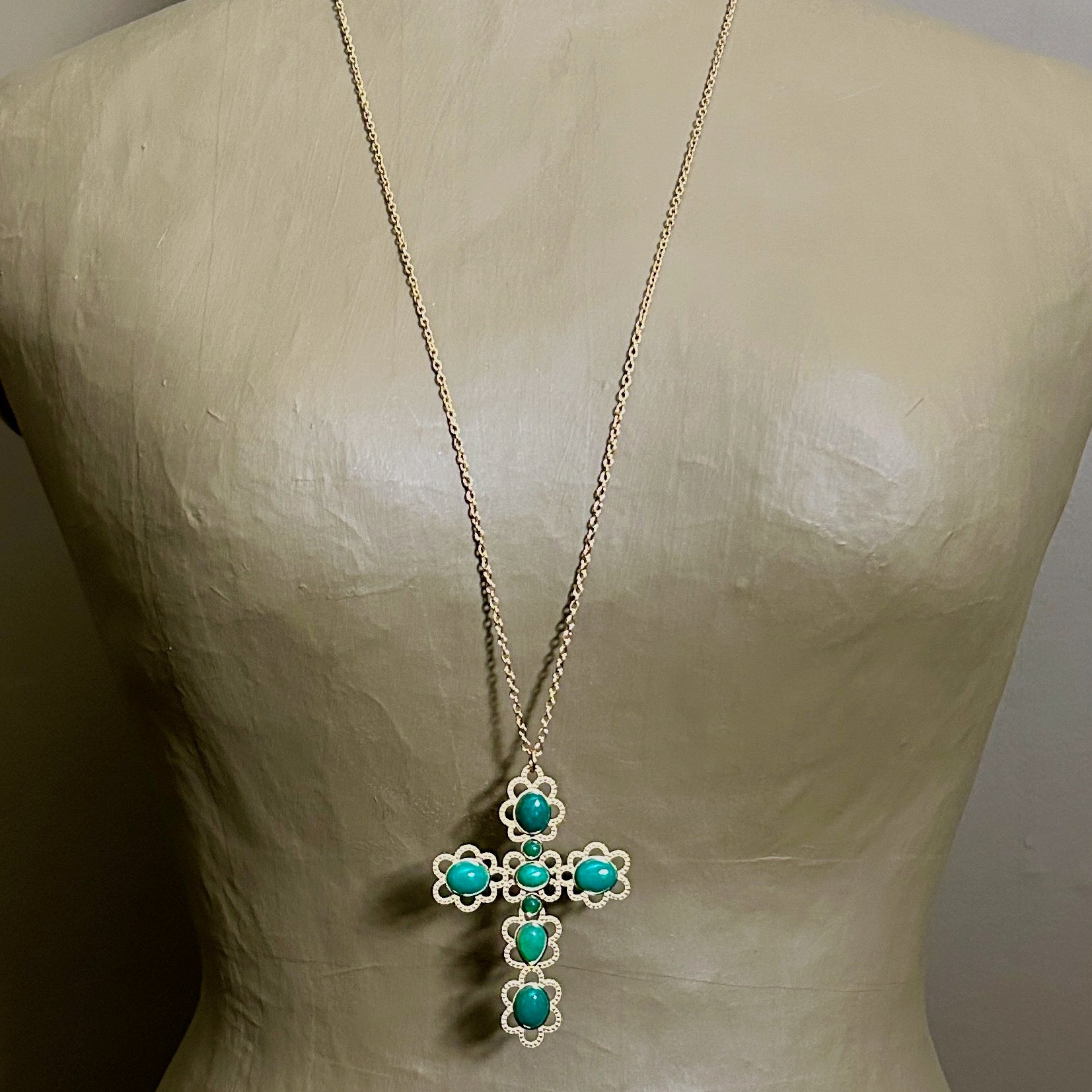 'Maria' long chain necklace with jewelled cross pendant