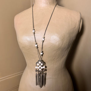 'Shina' long metal and pearl pendant chain necklace