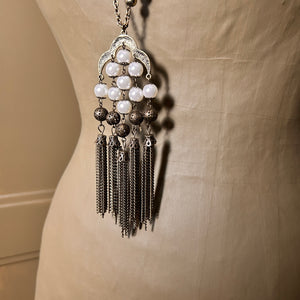 'Shina' long metal and pearl pendant chain necklace