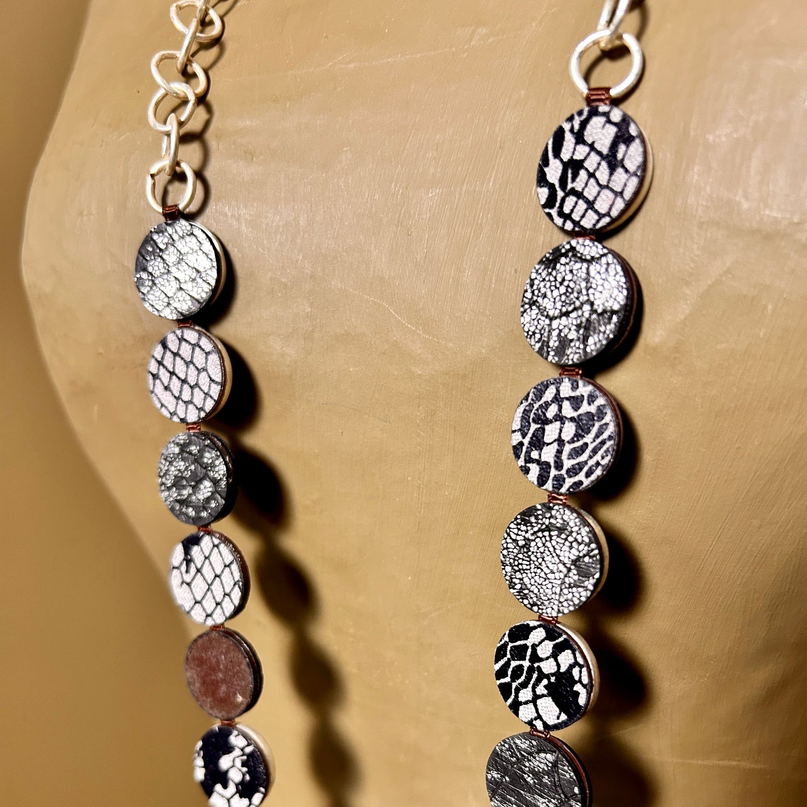 PHILIPPA long metal and suede disc pendant necklace