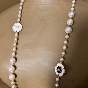 'Leslie' long pearl and enamel flower necklace