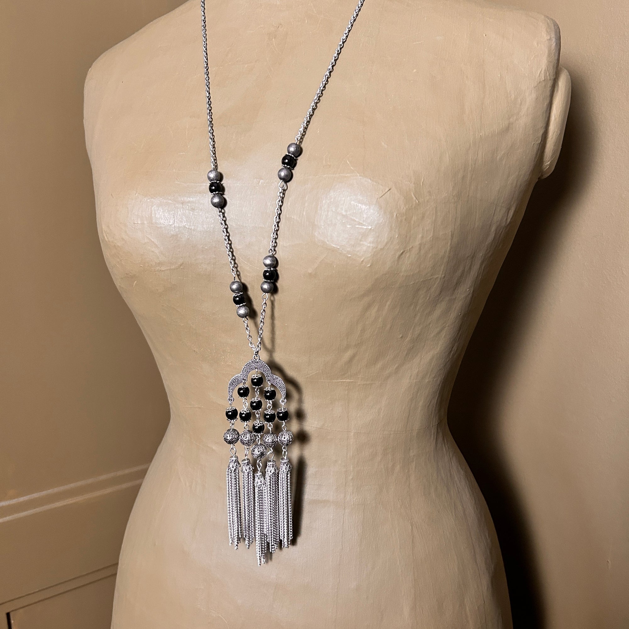 'Shina' long metal and bead pendant chain necklace