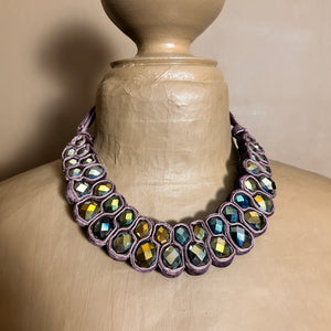 'Ann' velvet and iridescent beaded necklace with bow fastening