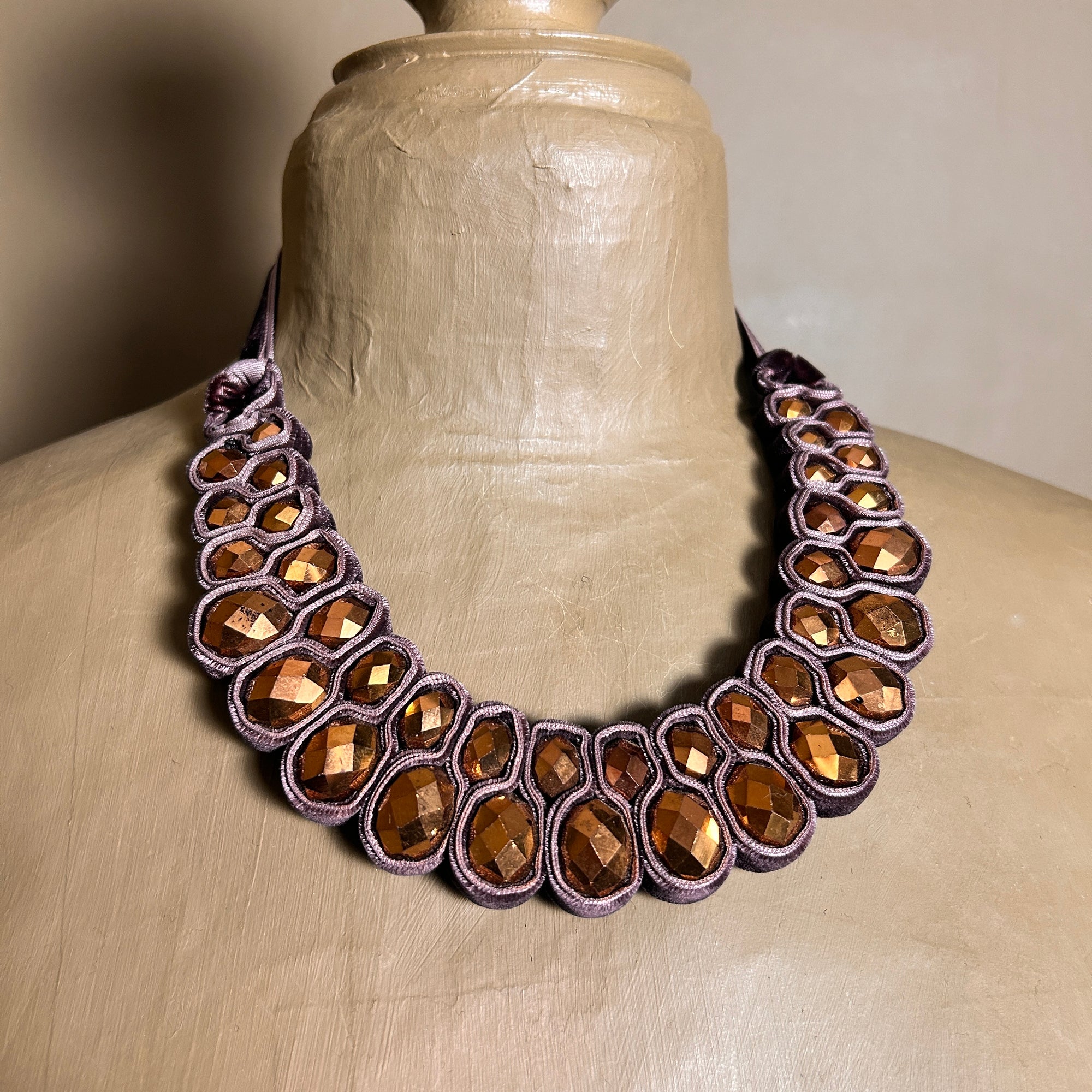 'Ann' velvet and iridescent beaded necklace with bow fastening