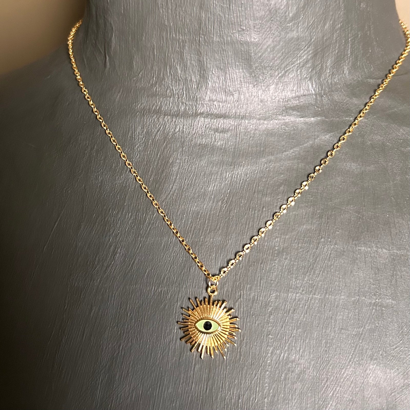 MACKENZIE steel chain necklace with sun & eye pendant