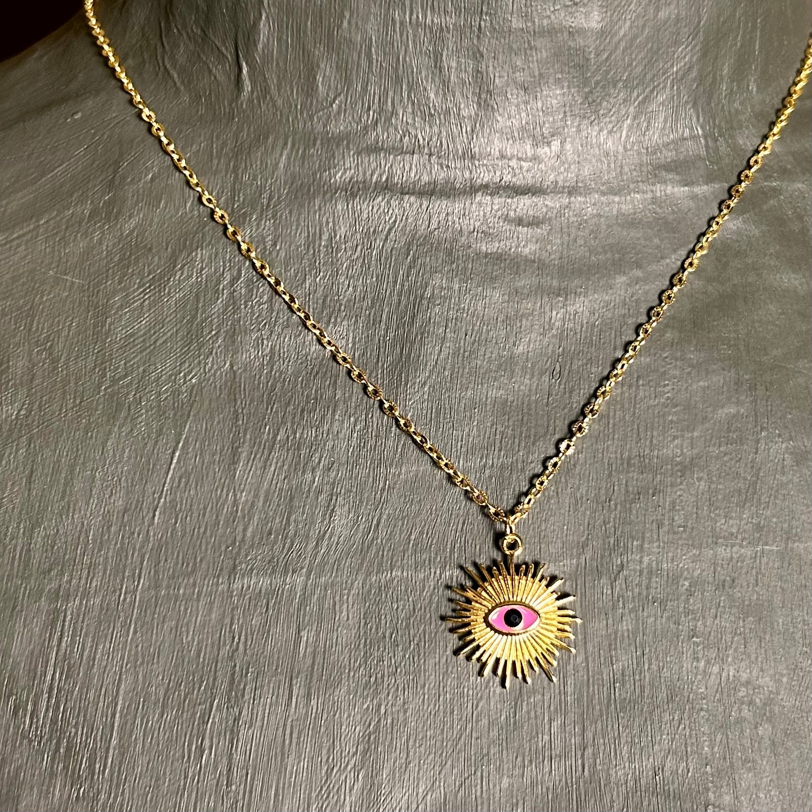 MACKENZIE steel chain necklace with sun & eye pendant