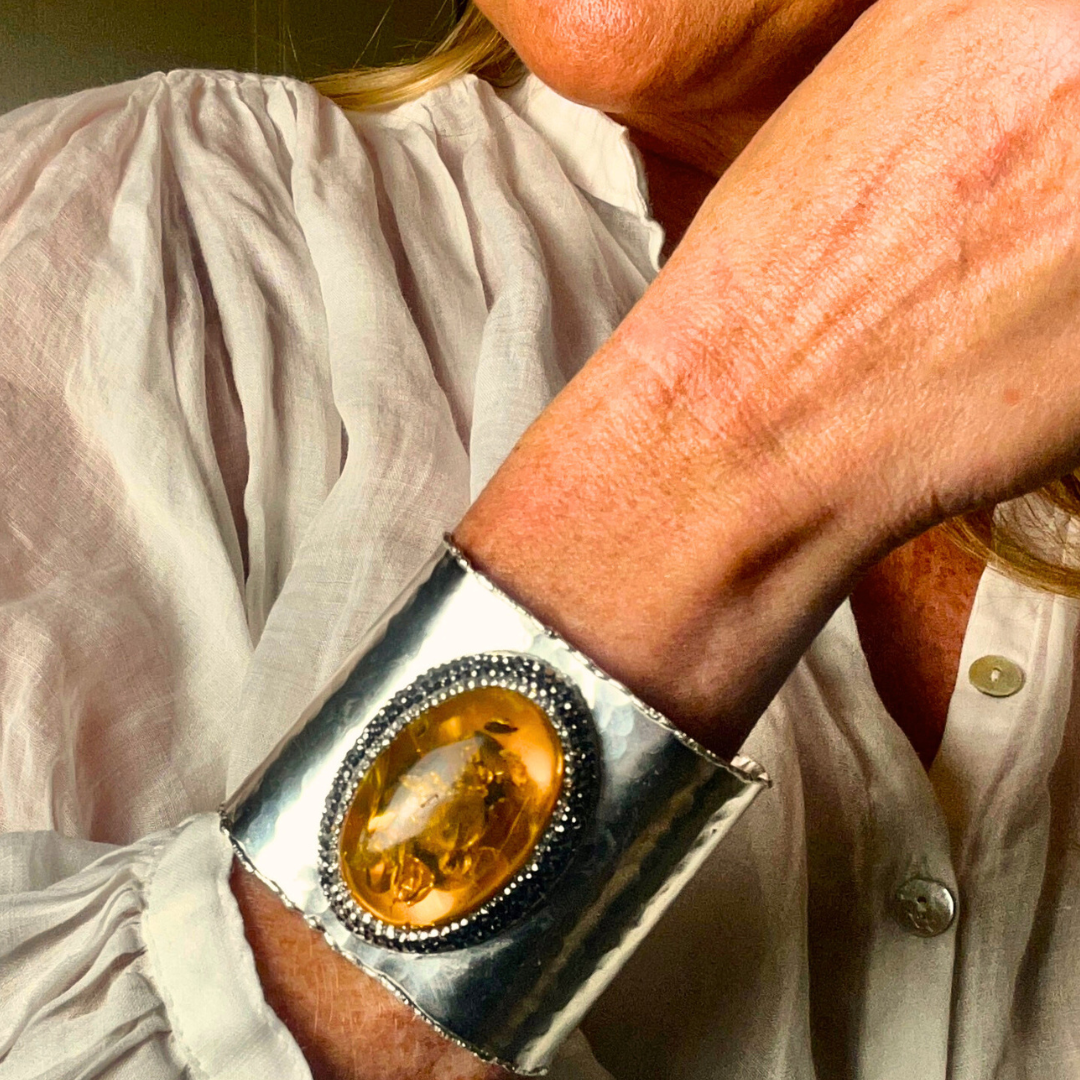 MARGUERITE handmade brass gemstone cuff bracelet