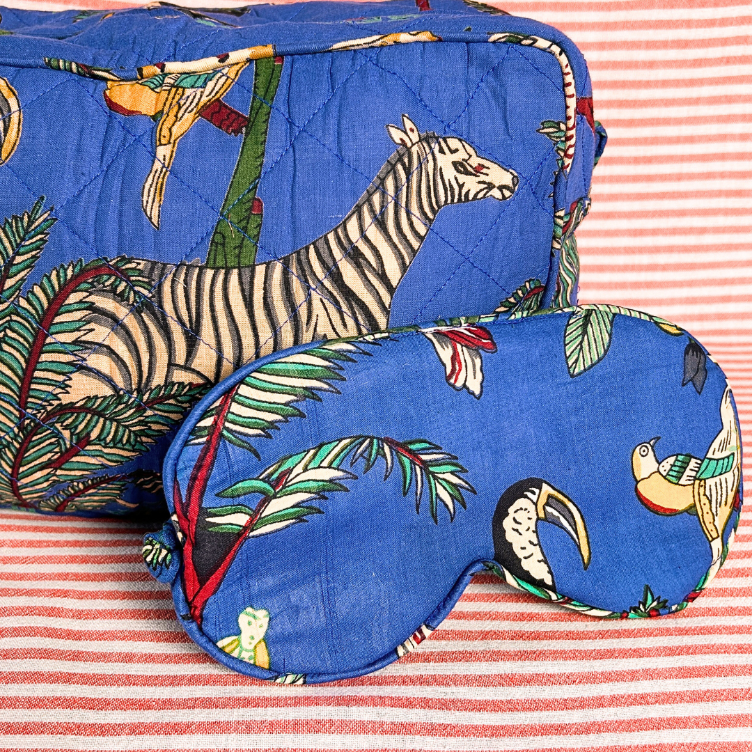 BROOKS royal blue cotton jungle print eye mask