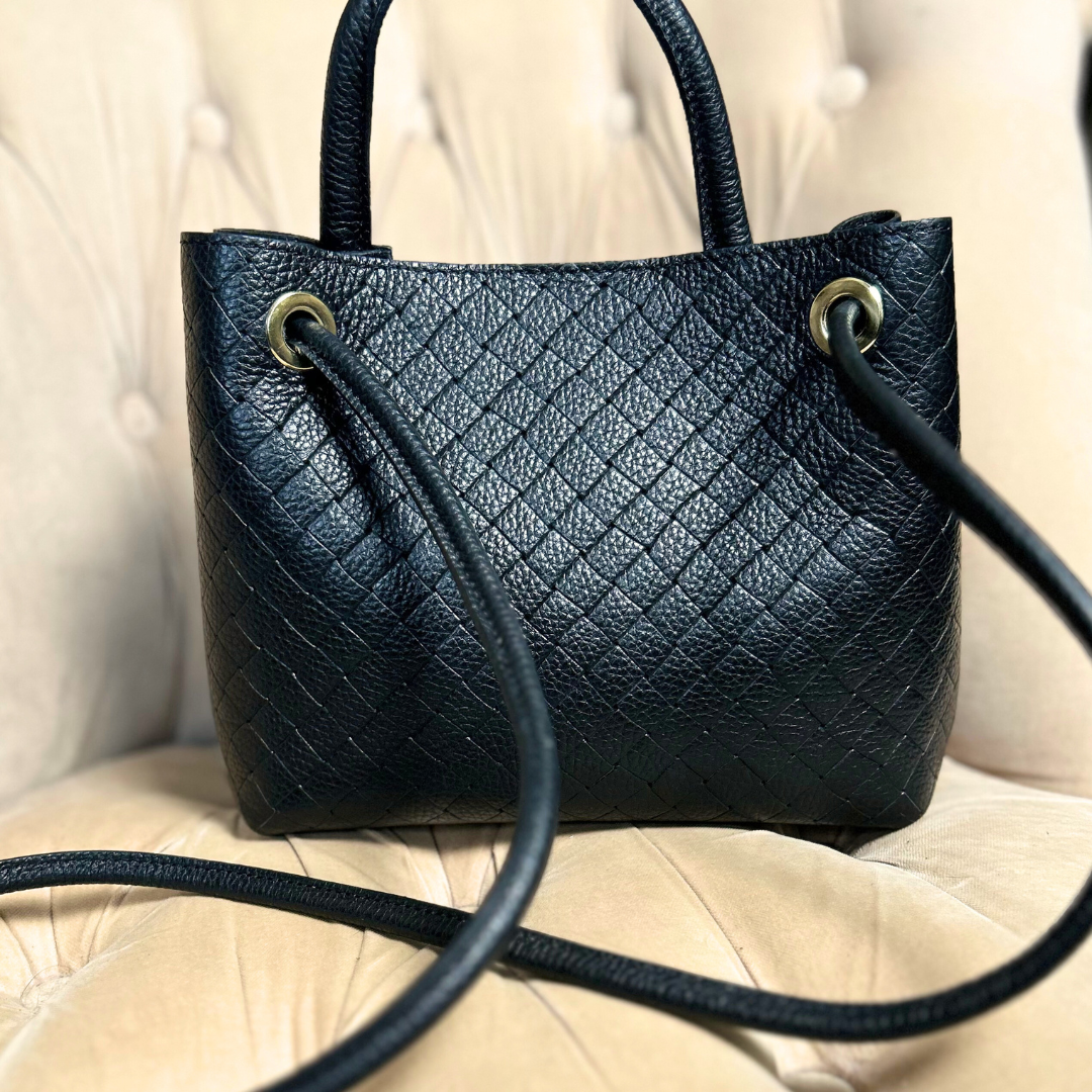 VINCENZA woven leather handbag with gold knot design