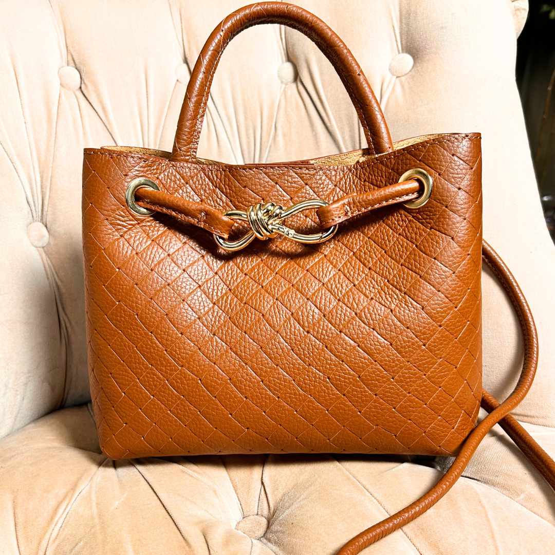 VINCENZA woven leather handbag with gold knot design