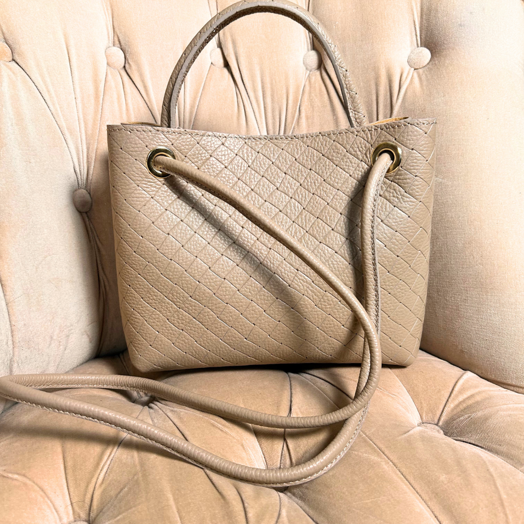 VINCENZA woven leather handbag with gold knot design