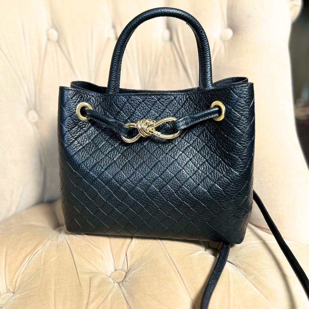 VINCENZA woven leather handbag with gold knot design