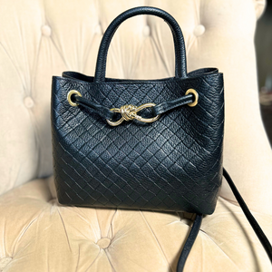 VINCENZA woven leather handbag with gold knot design