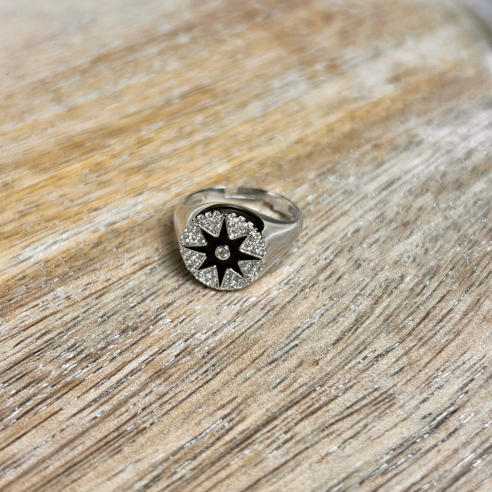 Black star & white crystal adjustable pinky cocktail ring 'HALLIE'