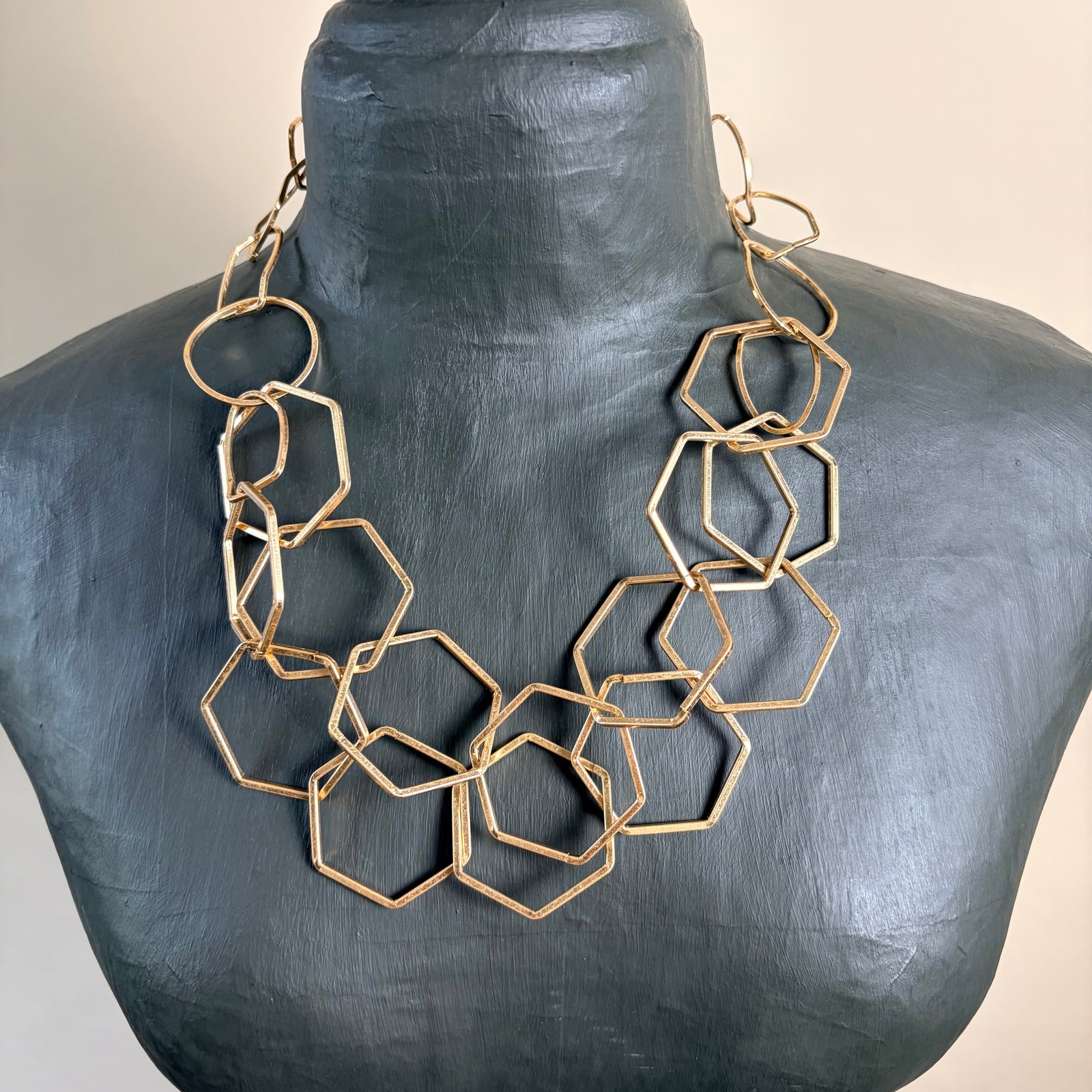 Elaine - double chain metal hexagon link choker necklace