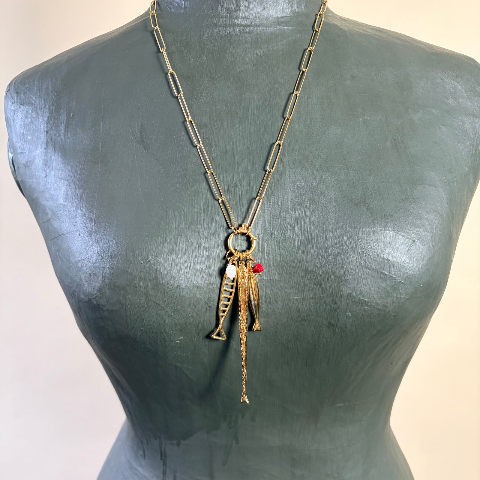 Xanthe - long steel chain necklace with fish pendants