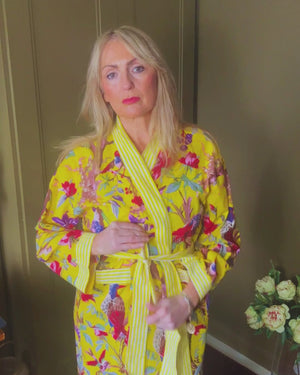 AUBREY long yellow cotton bird of paradise print belted dressing gown