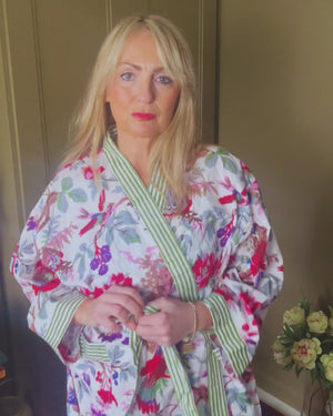 AUBREY long white cotton bird of paradise print belted dressing gown