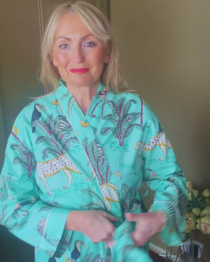 AUBREY long aqua cotton jungle print belted dressing gown