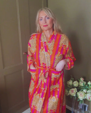 AUBREY long orange and pink stripe tiger print belted dressing gown