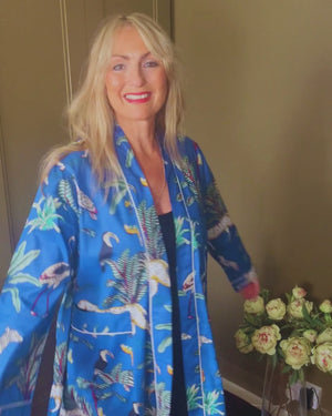 AUBREY long royal blue cotton jungle print belted dressing gown