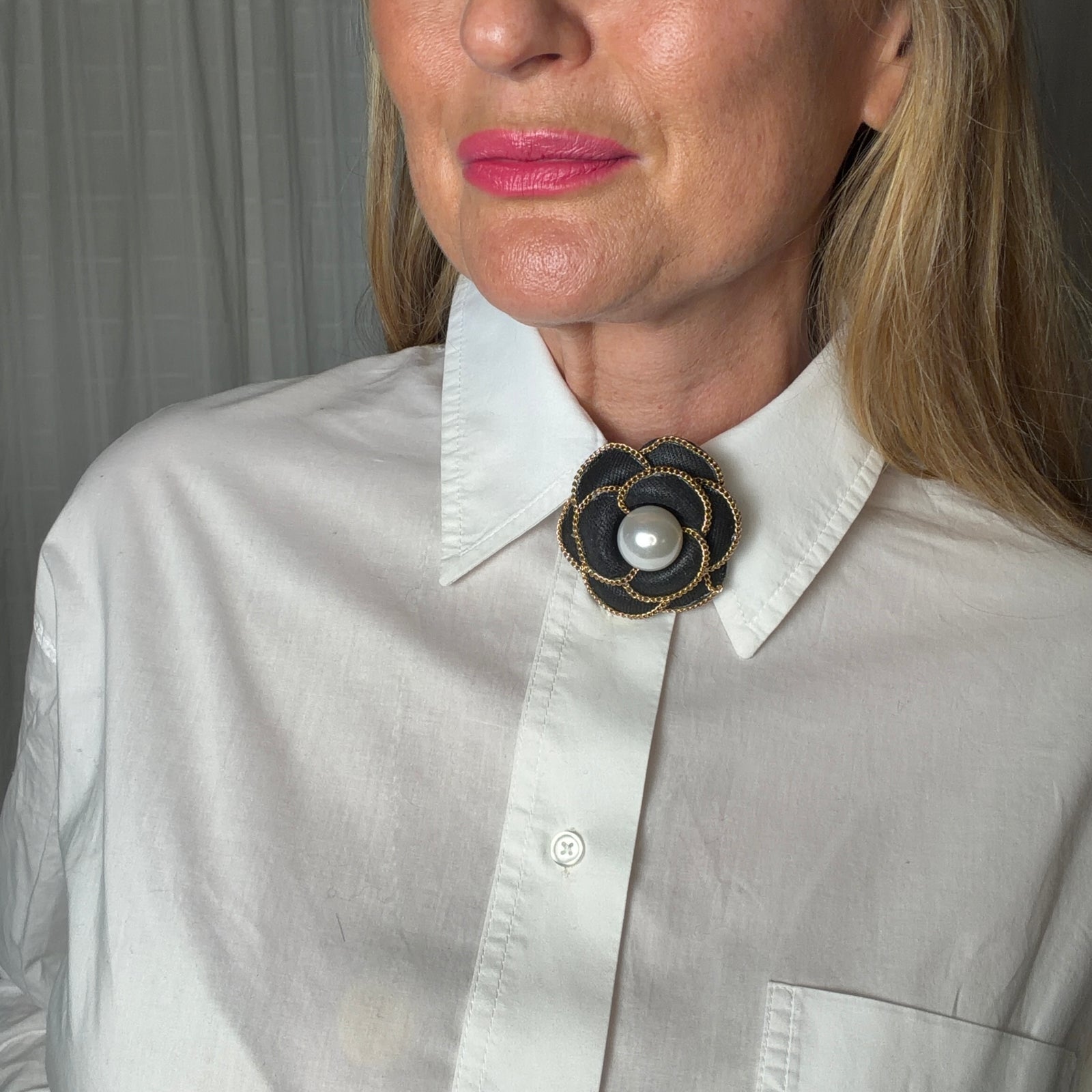 Camellia - fabric flower brooch with chain edge